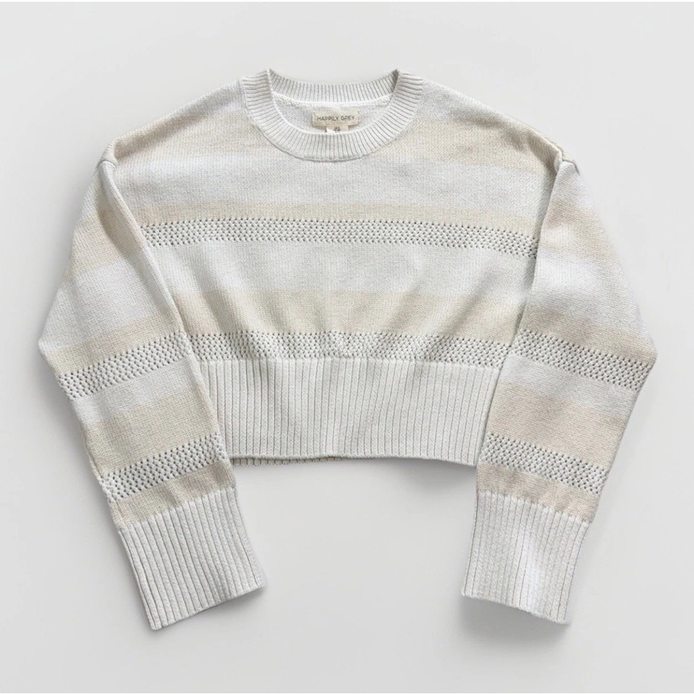 Happily Grey Cropped Knit Striped Sweater Sz S Cream & Beige Stripes Cozy Cute‎